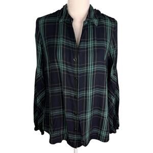 CAbi Big Sur Flannel Button Down Shirt Green Navy Plaid Large